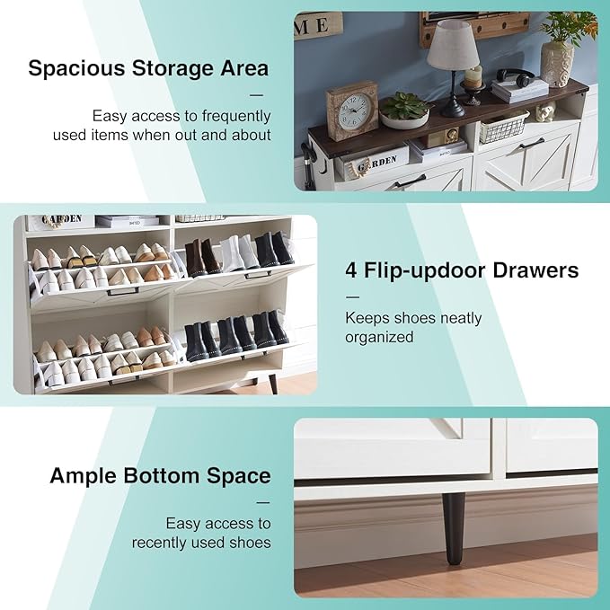 Barnyatoh Shoe Storage Cabinet,Farmhouse Shoe Organizer with 4 Flip Drawers & Barn Door Design,Freestanding Hidden Slim Narrow Shoe Rack with Open Shelves for Entryway,Foyer,Hallway,Antique White
