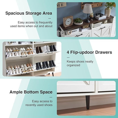 Barnyatoh Shoe Storage Cabinet,Farmhouse Shoe Organizer with 4 Flip Drawers & Barn Door Design,Freestanding Hidden Slim Narrow Shoe Rack with Open Shelves for Entryway,Foyer,Hallway,Antique White
