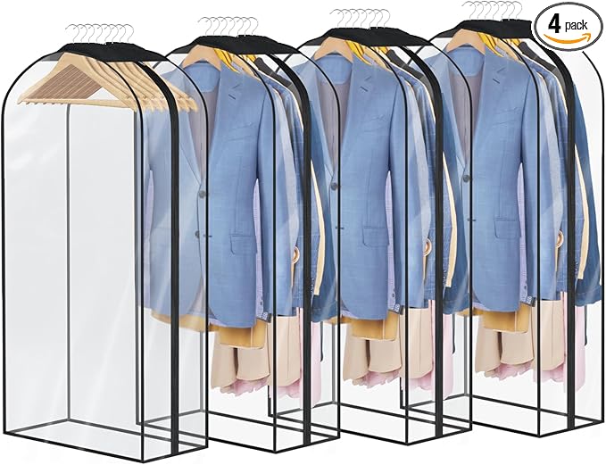 Univivi Garment Bags Garment Covers for Hanging Clothes, 10" Gusseted Clear Suit Bags for Clothes Storage, Garment Bag for Closet Storage, 40", 4-Pack