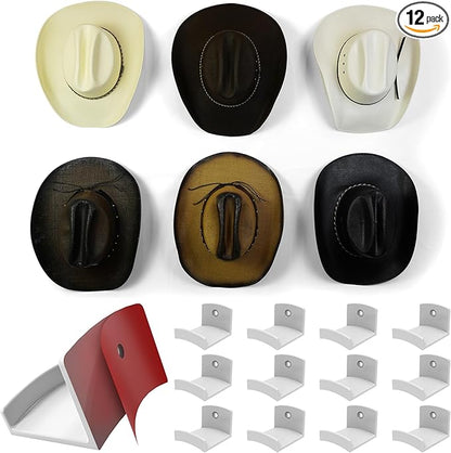 Modern JP Adhesive Hat Hooks for Wall (12-Pack) - Cowboy Hat Rack, Wide Brim Hat Organizer, Strong Hold Hat Hangers for Wall - White