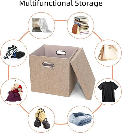 Storage Bins with Lids, Collapsible Linen Fabric Boxes Organizer Containers with Lid Foldable Storage Box Basket for Closet, Shelves, Home, Office, 11 x 11 x 11.4 Inch, 4 Pack, Khaki