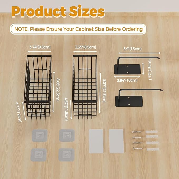4 Pack Adhesive Cabinet Door Organizer - Tumbler Lid Organizer & Kitchen Storage baskets for Kitchen, Bathroom, Inside Cabinet Door Storage for Cup Lids, Spices, Small Supplies, Space-Saving (Black)