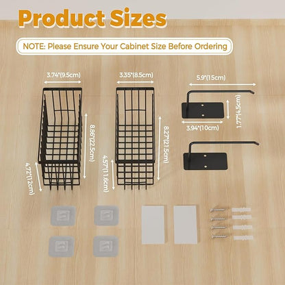4 Pack Adhesive Cabinet Door Organizer - Tumbler Lid Organizer & Kitchen Storage baskets for Kitchen, Bathroom, Inside Cabinet Door Storage for Cup Lids, Spices, Small Supplies, Space-Saving (Black)