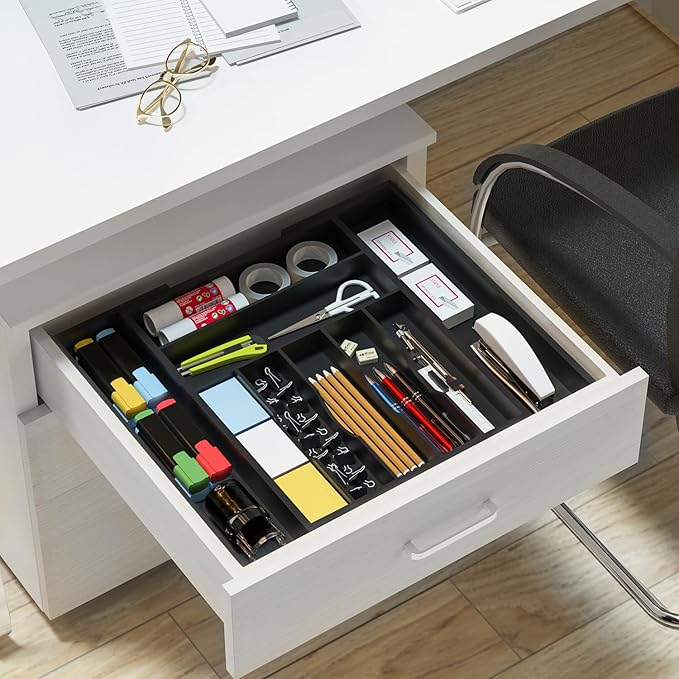 Utensil Organizer Silverware Drawer Organizer - Bamboo Expandable Cutlery Tray with Dividers for Utensil Holder Office Storage Makeup Desk Drawer Tool Organization W13.5"-19.5" x L17.5" x H2.5"(Black) | Expandable