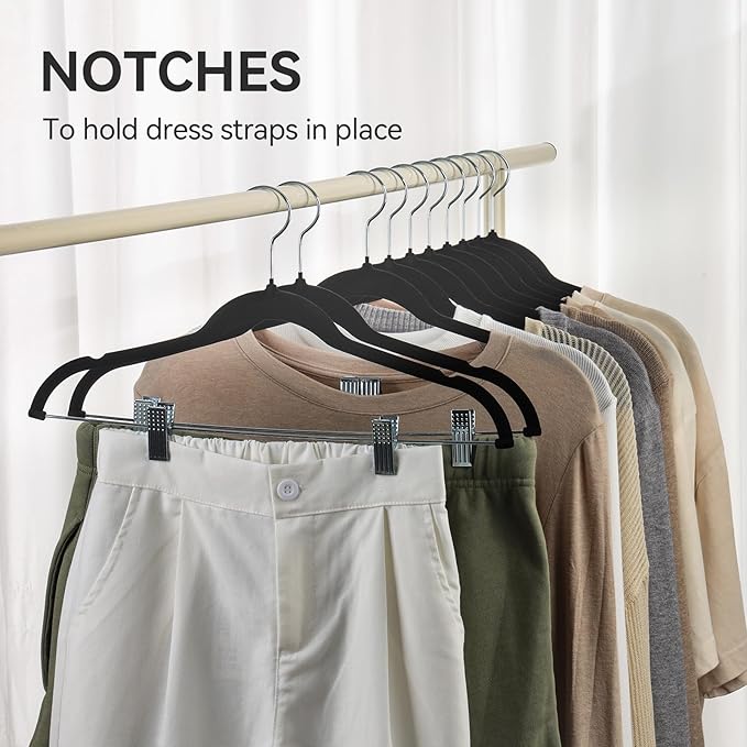 Velvet Pants Hangers Pack of 24, Non-Slip Skirt Clothes Trousers Hangers with Adjustable Clips, 360 ° Swivel Hooks Black/Silver