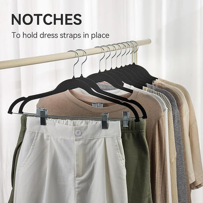 Velvet Pants Hangers Pack of 24, Non-Slip Skirt Clothes Trousers Hangers with Adjustable Clips, 360 ° Swivel Hooks Black/Silver