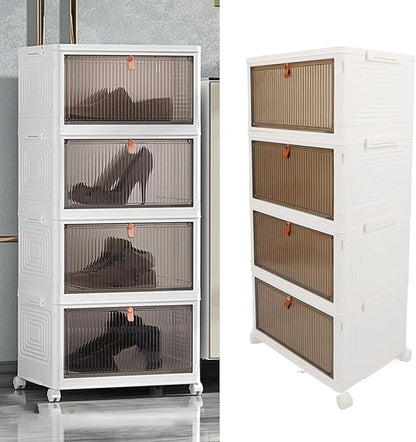 CHICIRIS Folding Shoes Storage Box 4 Layers Clear Large Capacity Shoe Rack PP Shoe Shelf Cabinet Spacing Saving for Home Sneaker, Boot, Storage