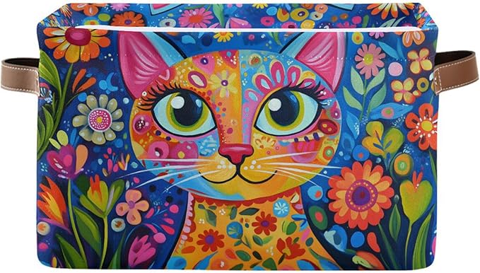 Large Storage Basket Colorful Cat Whimsical Style Storage Bin Cube Canvas Fabric Organizer Handles Collapsible for Clothes Toys Bedroom Decorative