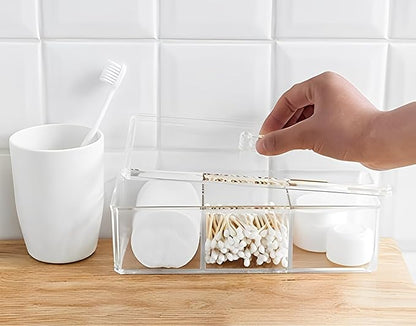 Sooyee Qtip Holder Rectangle Cotton Ball and Swab Holder Organizer with Lid, Dustproof,Waterproof,Clear Acrylic 3 Compartment Cotton Pad Container for Cotton Swabs, Make Up Pads, Cosmetics