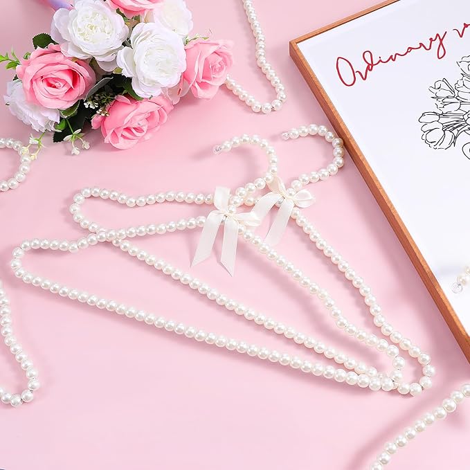 5 Pack Pearl Beaded Clothes Hangers Clothing Hanger with Ribbon Bowknot Elegant Bridesmaid Hangers Closet Coat Storage Organizer for Women Bride Wedding (White)