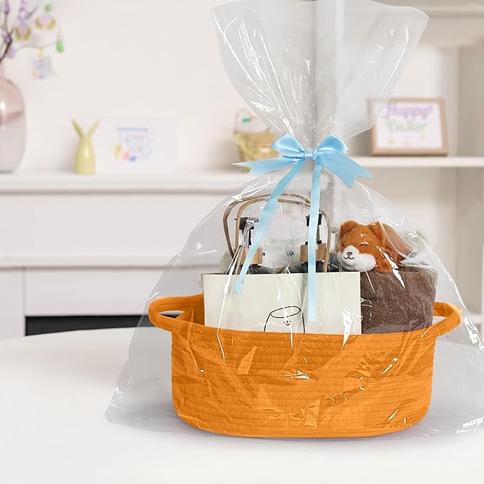 MEGASKET Orange Woven Basket, 13" x 9" x 5" Baskets for Gifts Empty, Cute Cotton Rope Cat Dog Toy Bin Box, Small Woven Bin for Shelves, Orange Room Decor, Nursery Baby Cloth Diaper Storage Organizer