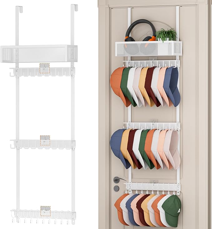3 Tier Over Door Hat Rack with Basket,Hat Organizer for Baseball Cap with 18 Hooks and 10 Movable Clips,Hat Hanger Storage Holds up to 30+ Caps for Door, Bedroom, Closet (White)
