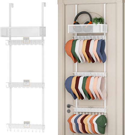 3 Tier Over Door Hat Rack with Basket,Hat Organizer for Baseball Cap with 18 Hooks and 10 Movable Clips,Hat Hanger Storage Holds up to 30+ Caps for Door, Bedroom, Closet (White)