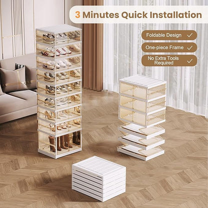 SYNCVIBE Shoe Rack Organizer for Closet Entryway Foldable Sneaker Storage Shoe, Collapsible Shoe Cabinet, Stackable Shoe Storage Cabinet with Lids for Living Room (9 Tiers -18 Pairs Transparent)