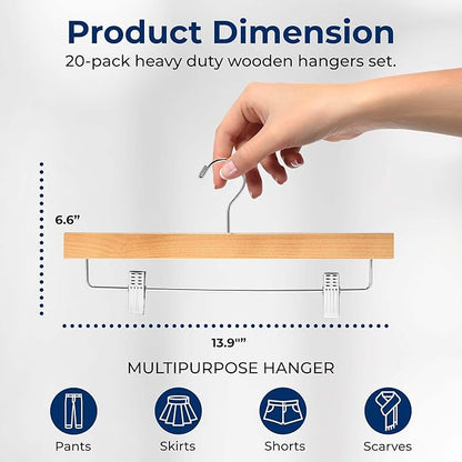 SereneLife 20 Pack Skirt and Pant Hanger with Adjustable Non-Slip Steel Clips, Premium Wooden, 360° Swivel Hook & 10 lb Capacity – Space-Saving Heavy-Duty Hangers for Jeans, Shorts & Slacks (Natural)