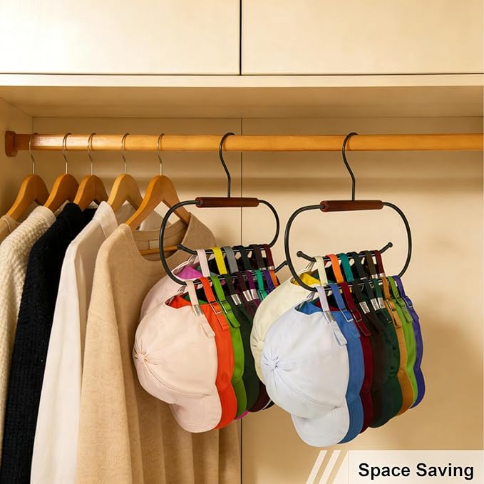 Hat Hangers for Closet, Hat Hanger for Baseball Caps, Double-Layer Rotatable Space-Saving, Versatile Iron-Wood Hat Rack for Home & Dorm Storage, 2 Packs