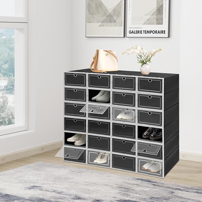 24 Pack Shoe Storage Boxes, Clear Stackable Shoe Organizer for Closet with Flip Lid, Foldable Plastic Shoe Boxes Sneaker Containers for Entryway, Closet, Under Bed (Black, Heart Hole)