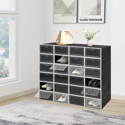 24 Pack Shoe Storage Boxes, Clear Stackable Shoe Organizer for Closet with Flip Lid, Foldable Plastic Shoe Boxes Sneaker Containers for Entryway, Closet, Under Bed (Black, Heart Hole)