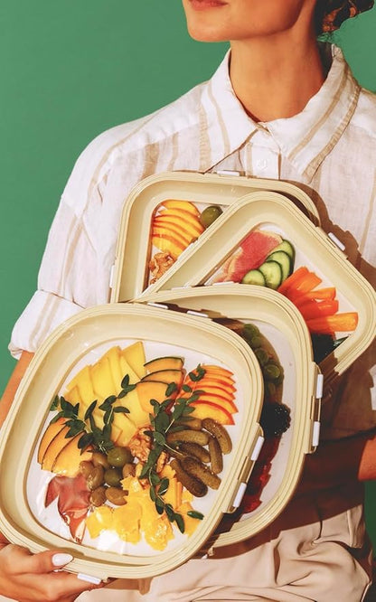 Crudités | Portable Snack Tray | Square 4-Pack | Cream White | Reversible Stretch Lid Food Containers | BPA-Free, Freezer & Dishwasher Safe | Meal-Prep, Charcuterie, Salads, Picnic, Travel