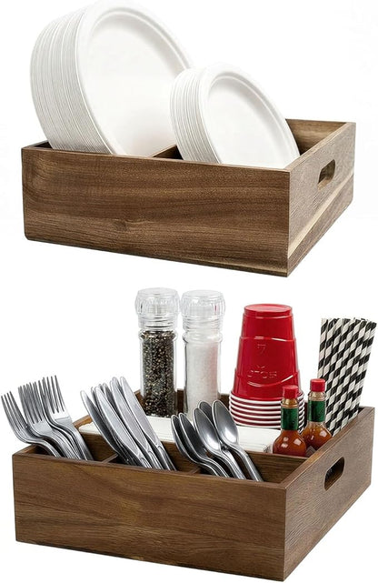 Acacia Wood Utensil Holder for Party (Set of 2) - 11" x 9.5" Utensil Caddy for Parties & Silverware Caddy for Countertop - Holds Plates, Napkins, Cups, Spoons, Forks - Kitchen Accessories