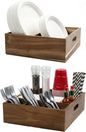 Acacia Wood Utensil Holder for Party (Set of 2) - 11" x 9.5" Utensil Caddy for Parties & Silverware Caddy for Countertop - Holds Plates, Napkins, Cups, Spoons, Forks - Kitchen Accessories