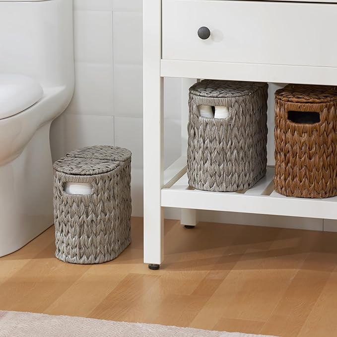 Toilet Paper Storage with Double Lid, Toilet Paper Basket for Storage, Waterproof & Freestanding Tissue Holder for Bathroom, 4 Rolls, Grey