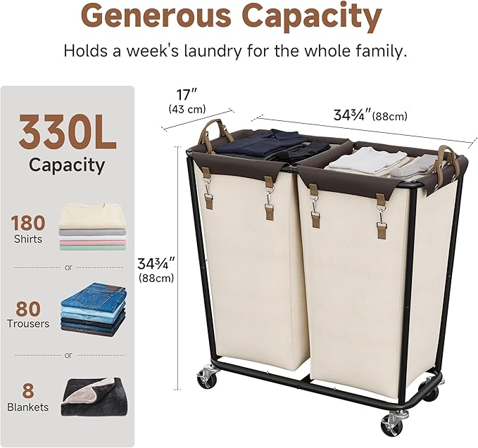 StorageWorks 330L Extra Large Laundry Hamper with Wheels, Laundry Basket with Wheels 2 Sections, Clothes Sorter Cart with Divider for Hotel, Home, Beige, 1-Pack