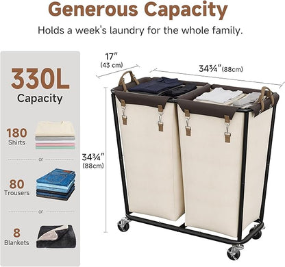 StorageWorks 330L Extra Large Laundry Hamper with Wheels, Laundry Basket with Wheels 2 Sections, Clothes Sorter Cart with Divider for Hotel, Home, Beige, 1-Pack