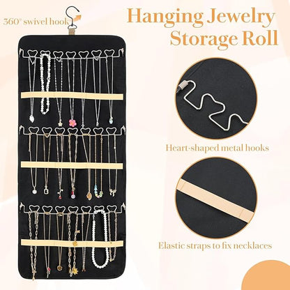 Hanging Jewelry Organizer Storage Roll with Hanger Metal Hooks Double-Sided Jewelry Holder for Earrings, Necklaces, Rings on Closet, Wall, Door,Large 14.17' x 33.07'',black