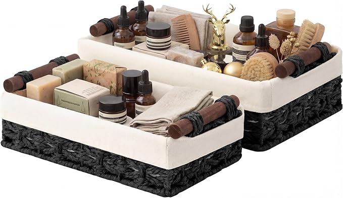 StorageWorks Small Baskets for Organizing with Wooden Handles and Liner, Wicker Toilet Paper Baskets for Back of Toilet Basket, Black Paper Rope Bathroom Basket Organizer and Storage for Decor, 2 Pack