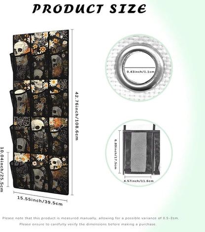 Skull Flowers 12-Pocket Over Door Hanging Shelves - Adjustable Compartments for Spices, Snacks, Cosmetics - Easy No-Tools Assembly