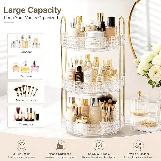 Fangoo 3 Tiers Clear Rotating Makeup Organizer for Vanity, 360 Spinning Skincare Organizers for Dresser Perfume Organizer Large Skincare Make up Storage Cosmetic Organizer for Bathroom Countertop
