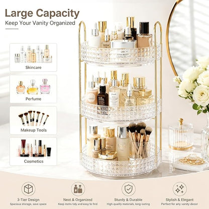Fangoo 3 Tiers Clear Rotating Makeup Organizer for Vanity, 360 Spinning Skincare Organizers for Dresser Perfume Organizer Large Skincare Make up Storage Cosmetic Organizer for Bathroom Countertop
