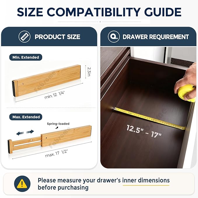 Fabsome Drawer Divider 6 Pack, Bamboo Dresser Organizers for Clothes Socks Underwear Baby Clothing, Wooden Separators for Nursery Organization Adjustable from 12.5'' to 17'' with Soft Foam Ends