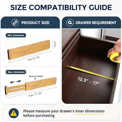 Fabsome Drawer Divider 6 Pack, Bamboo Dresser Organizers for Clothes Socks Underwear Baby Clothing, Wooden Separators for Nursery Organization Adjustable from 12.5'' to 17'' with Soft Foam Ends