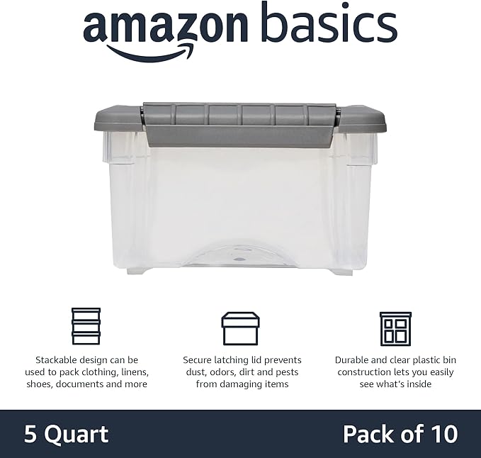 Amazon Basics Plastic Storage Containers with Secure Latching Lids, Stackable Organization Bins for Organizing, Clear/Grey, 5 Quart, Set of 10