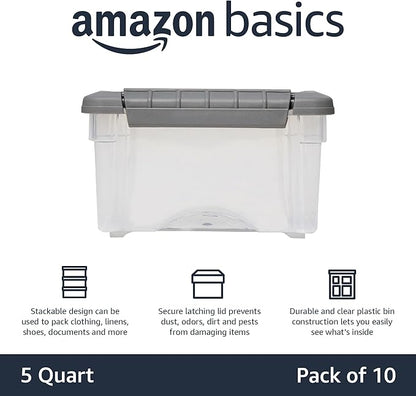 Amazon Basics Plastic Storage Containers with Secure Latching Lids, Stackable Organization Bins for Organizing, Clear/Grey, 5 Quart, Set of 10