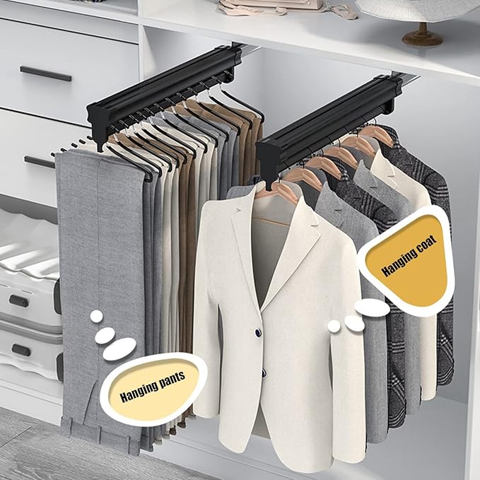 Heavy Duty Retractable Pull Out Pants Rack,Aluminum Alloy Pull Out Closet Valet Rod,Extendable Wardrobe Rail Tube for Hanging Clothes, Top Mount (Color : Black, Battery *1 : 31cm)