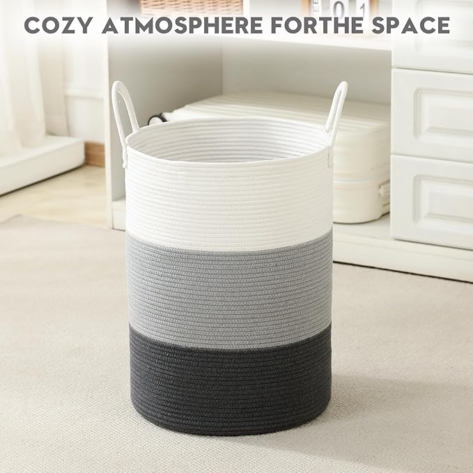 Laundry Basket Hamper Tall Rope Storage Woven for Blanket toys Dirty Clothes in Living Room Bathroom Bedroom (Gradient Grey, 100L/26.4Gal)