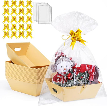 AFOROEOA 20PACK Baskets for Gifts Empty, 10x12”Thick Kraft Gift Basket with 20 Bows 20 Bags Empty Gift Baskets for Christmas, Valentine’s Day, Easter, Birthdays, Snacks, Farmers Market