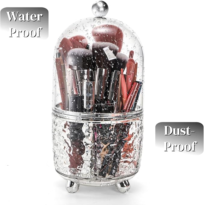 Eorbow Rotating Makeup Brush Holder, Dustproof Cosmetic Tools Organizer with Lid, 360° Spinning Covered Brushes Storage with Anti-slip Pads for Vanity, Bathroom Countertop & Bedside Table, Clear