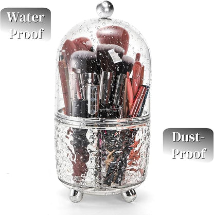 Eorbow Rotating Makeup Brush Holder, Dustproof Cosmetic Tools Organizer with Lid, 360° Spinning Covered Brushes Storage with Anti-slip Pads for Vanity, Bathroom Countertop & Bedside Table, Clear
