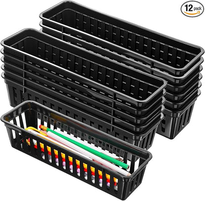 12 Pack Black Slim Plastic Storage Baskets for Organizing, 10.24 x 3.15 x 2.36 Inch Stackable Small Narrow Pencil Baskets, Drawer Storage Tray Holder for School Classroom Home Office Desk Cabinet