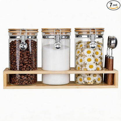 KKC Glass Coffee Container Set of 3 with Bamboo Lids & Spoons | 40oz Airtight Coffee Bar Accessories & Organizer for Countertop | Clear Sugar and Coffee Canister Set for Ground Beans & Tea