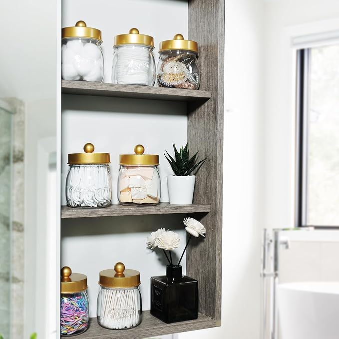 6 Pack Qtip Holder Bathroom Set, SheeChung Plastic Mason Jar Apothecary Jar Set for Bathroom Vanity Storage Organizer, Farmhouse/Home Decor, 12 Labels (Gold)