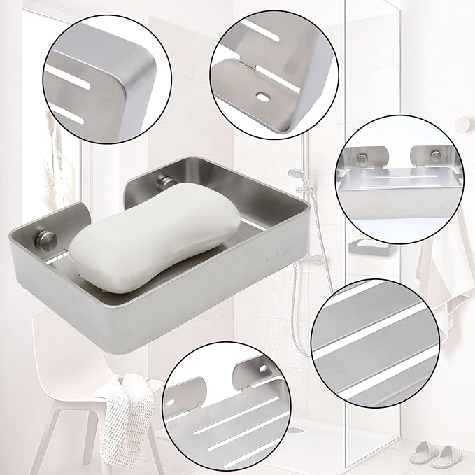 Soap Dish Stainless Steel Silver Soap Dish Holder Wall Mounted Shower Soap Holder with Screws, Sturdy Soap Dish for Bar Soap Stylish Soap Dish Holder (Medium, Silver)