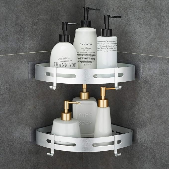 Corner Caddy Bathroom Shower Shelf Wall Mounted No Drilling 2 Tier Storage Shelves Adhesive Triangle Baskets Silver Bathroom Kitchen Storage Basket