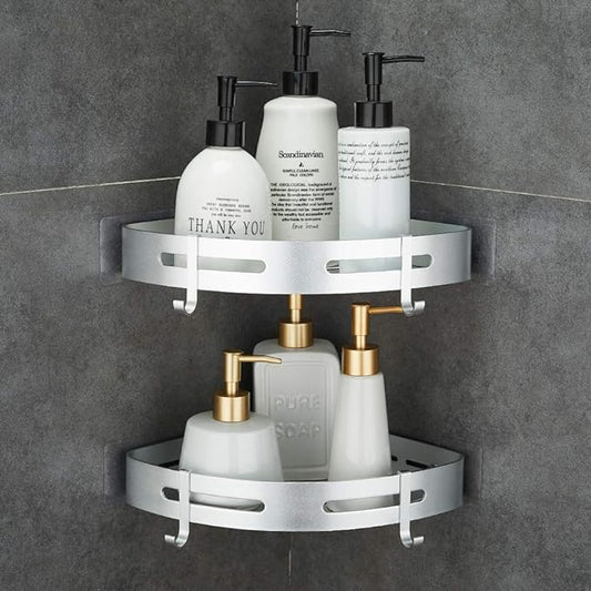 Corner Caddy Bathroom Shower Shelf Wall Mounted No Drilling 2 Tier Storage Shelves Adhesive Triangle Baskets Silver Bathroom Kitchen Storage Basket