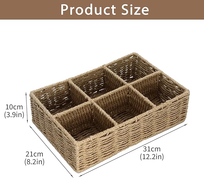Makeup Organizer, Hand-woven Wicker Basket for Dresser and Bathroom Countertop Organizer, 6 Compartments Makeup Brush Holder Skincare Organizer, Cosmetic Storage for Lipstick Eyeshadow Palette