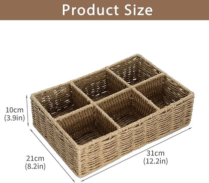 Makeup Organizer, Hand-woven Wicker Basket for Dresser and Bathroom Countertop Organizer, 6 Compartments Makeup Brush Holder Skincare Organizer, Cosmetic Storage for Lipstick Eyeshadow Palette
